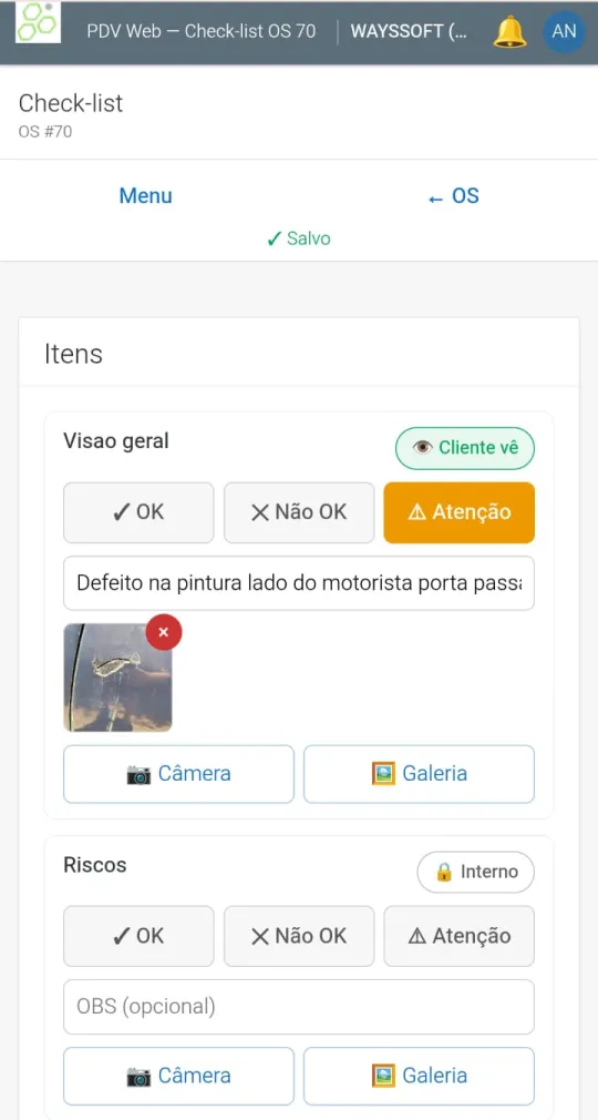 Checklist do veículo com foto, itens OK, não OK e atenção