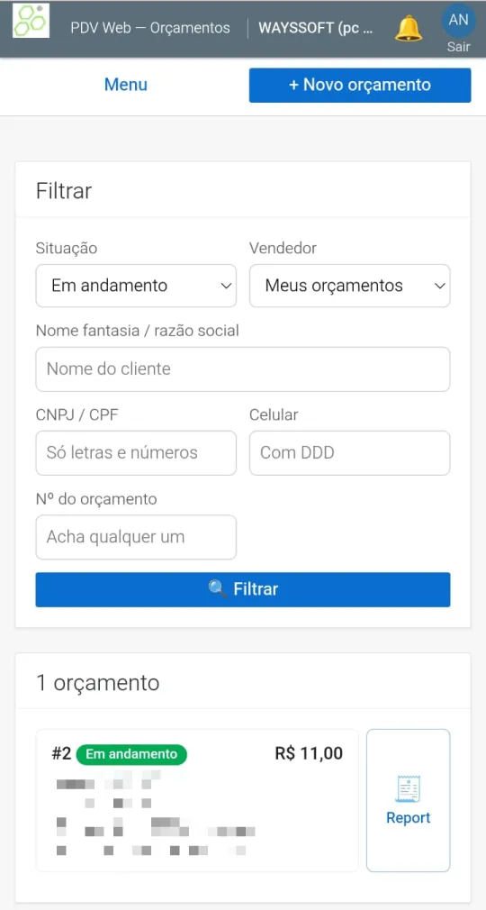 Lista de orçamentos filtrada por situação e vendedor