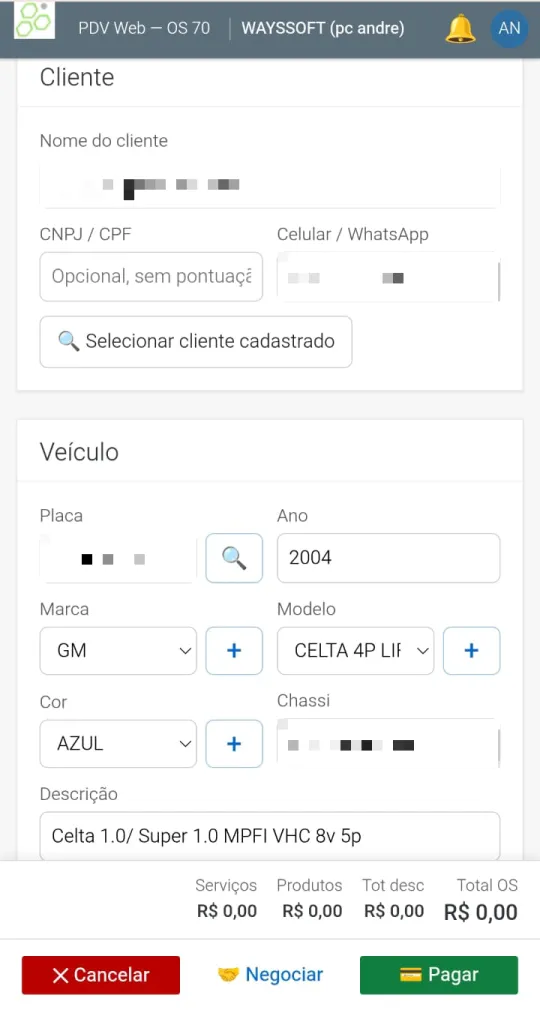 Ordem de serviço aberta pela consulta de placa, com marca, modelo, ano e chassi preenchidos